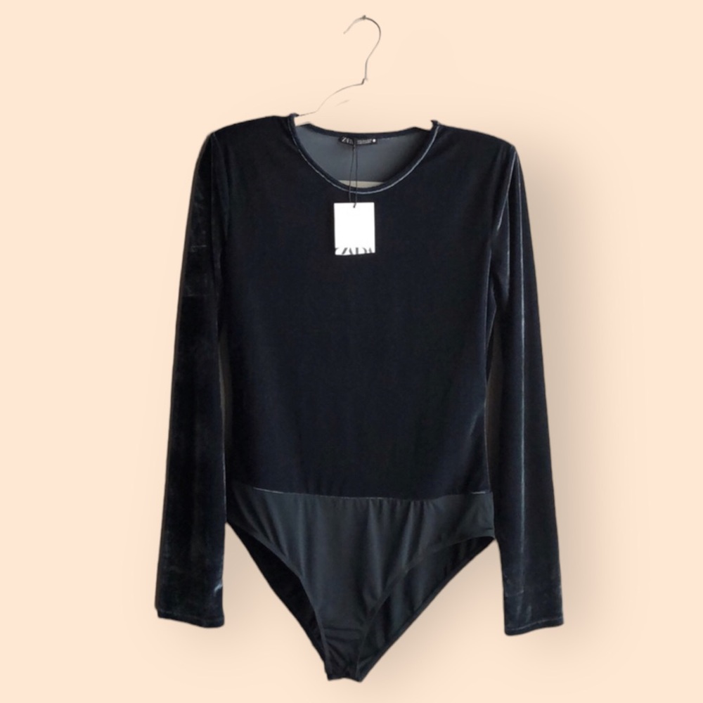Zara NWT Velvet Bodysuit Shoulder Pads Crushed Blue Long Sleeve New Womens Large